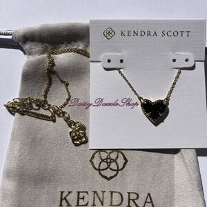 ✨🖤New Kendra Scott Ari Heart Black Drusy Pendant Necklace Gold Plated 🖤✨